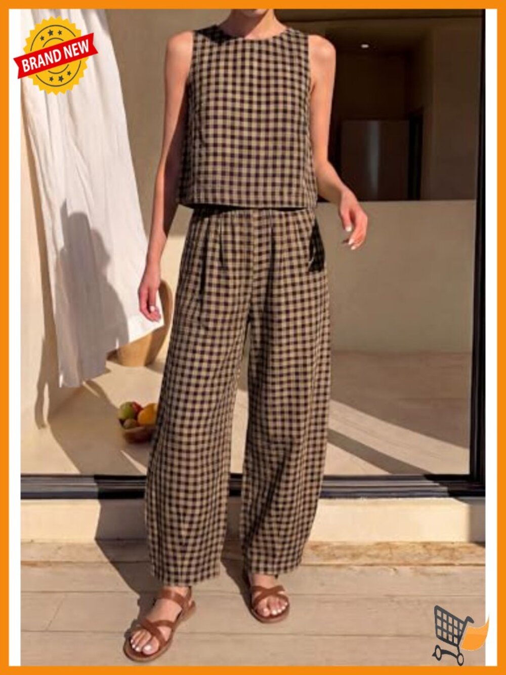 100% Cotton 2 Piece Lounge Set Sleeveless Top Wide Leg Pants Vacation - Picture 5 of 6